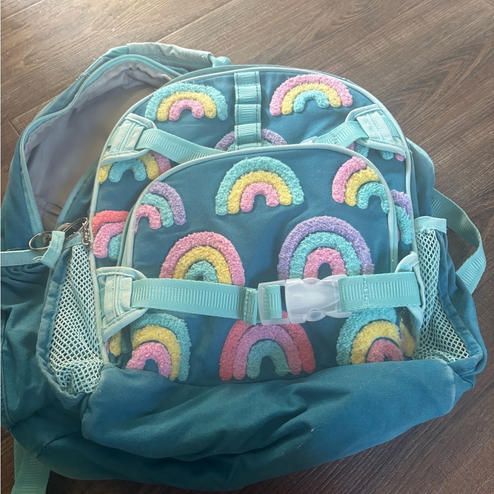 Pottery Barn Kids Teal and Pastel Rainbow Backpack (size large)
